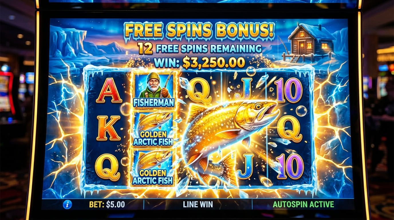 Pantalla de juego ártico con peces dorados y símbolos de casino