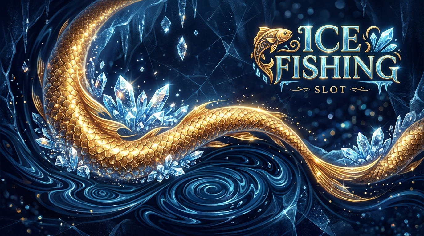 Gráfico ártico de Ice Fishing con peces dorados y cristales de hielo